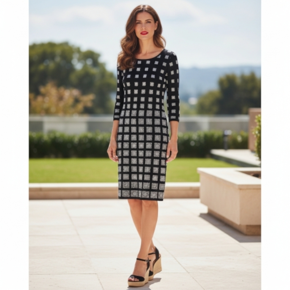 LuLaRoe Debbie Black and White Abstract Checkered Long Sleeve Sheath Dress
